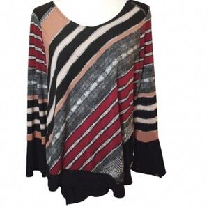 Striped Mixed-Color Long Sleeve Blouse - Black, Red, Cream